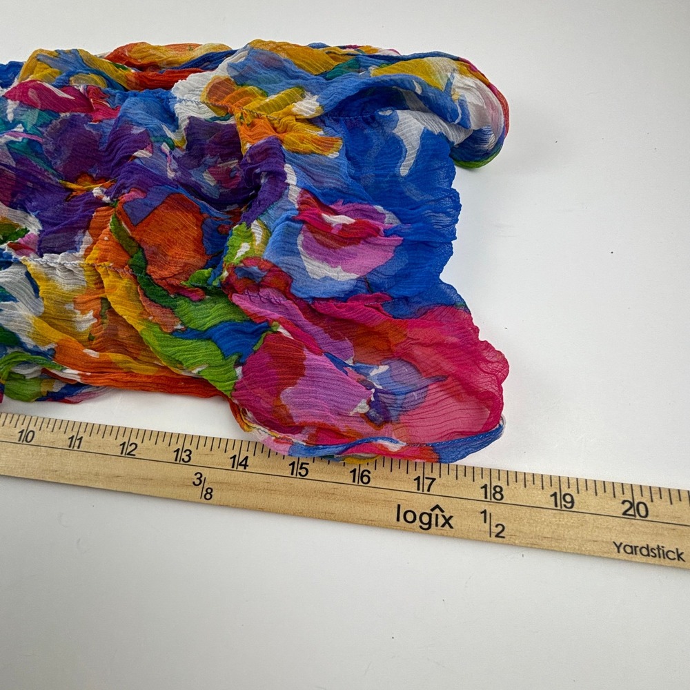 Vibrant Floral Silk Scarf Shawl Wrap Blue Pink Orange Yellow Accent Dopamine - Picture 5 of 7